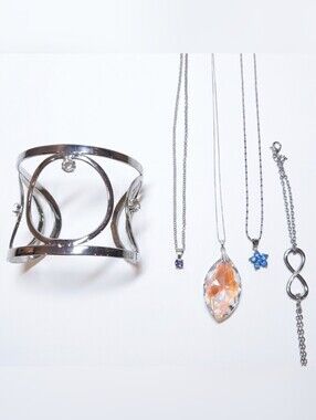 5Pc Jewelry Set Faux Diamond Gemstone Necklace Silver Bangle Infinity Bracelet